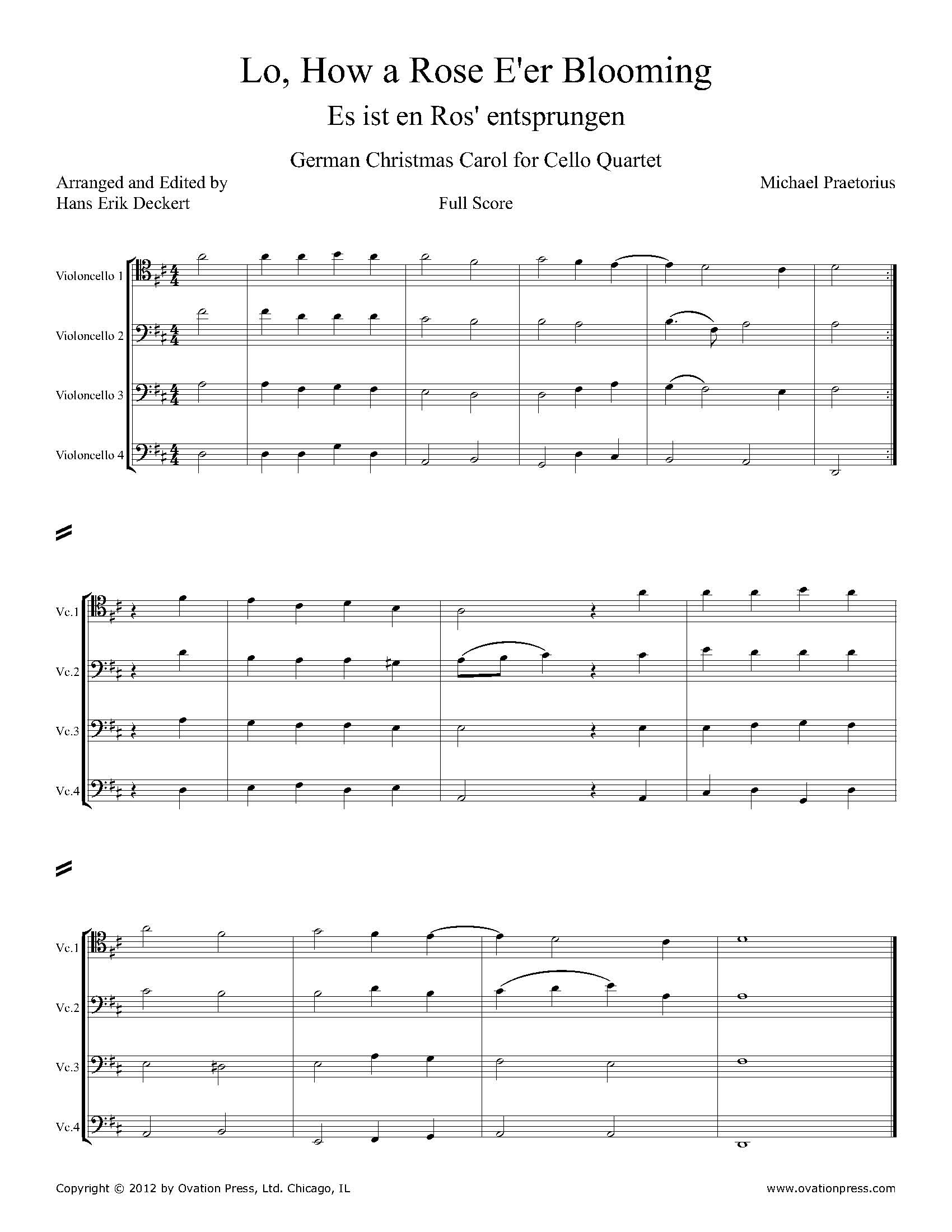 Praetorius Lo How a Rose E'er Blooming Arranged for Cello Quartet