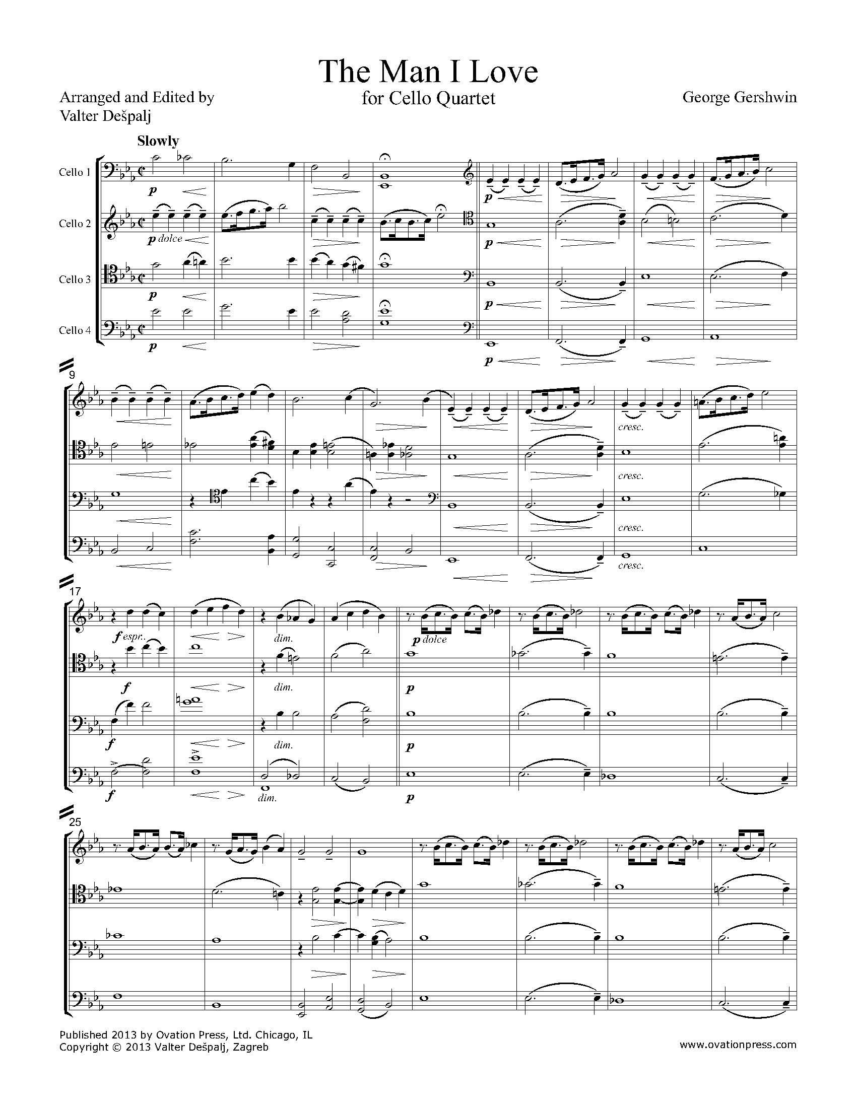 Gershwin The Man I Love For Cello Quartet