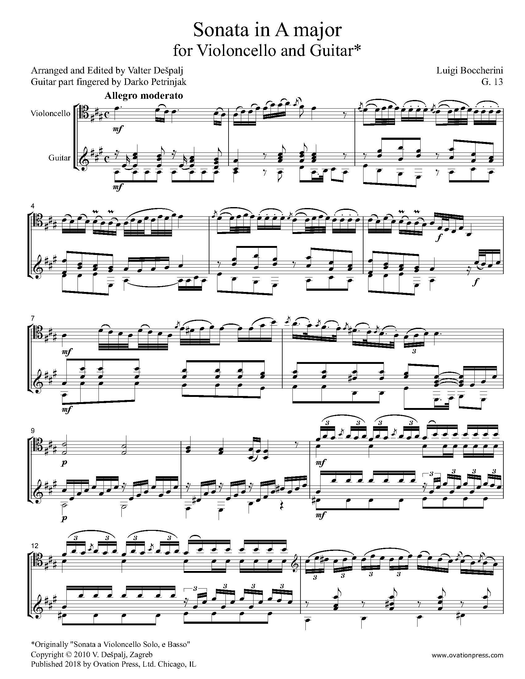 Sonata in A Major G. 13 (for Cello and Guitar) Score and Parts (Cello and  Guitar)