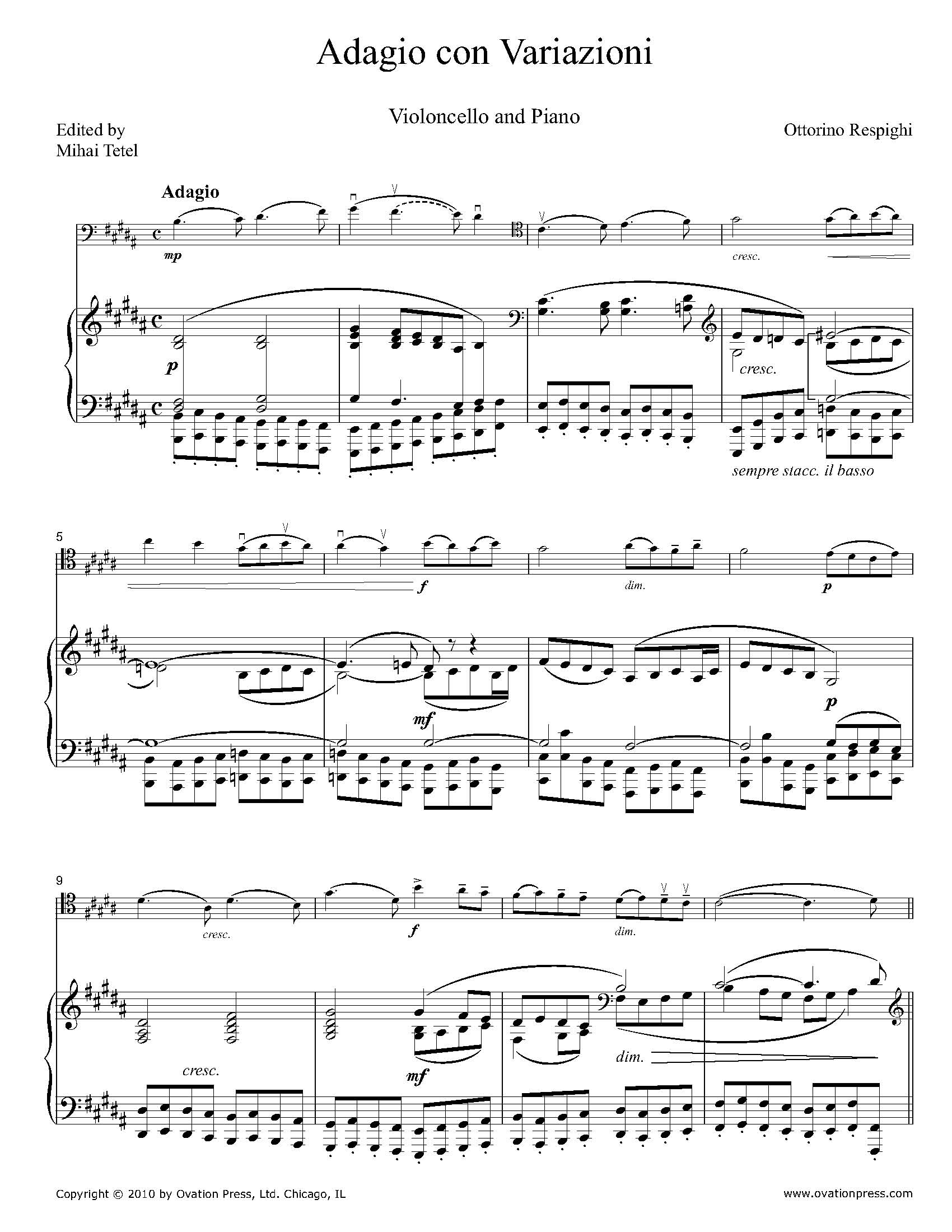 Respighi Adagio con Variazioni for Cello and Piano