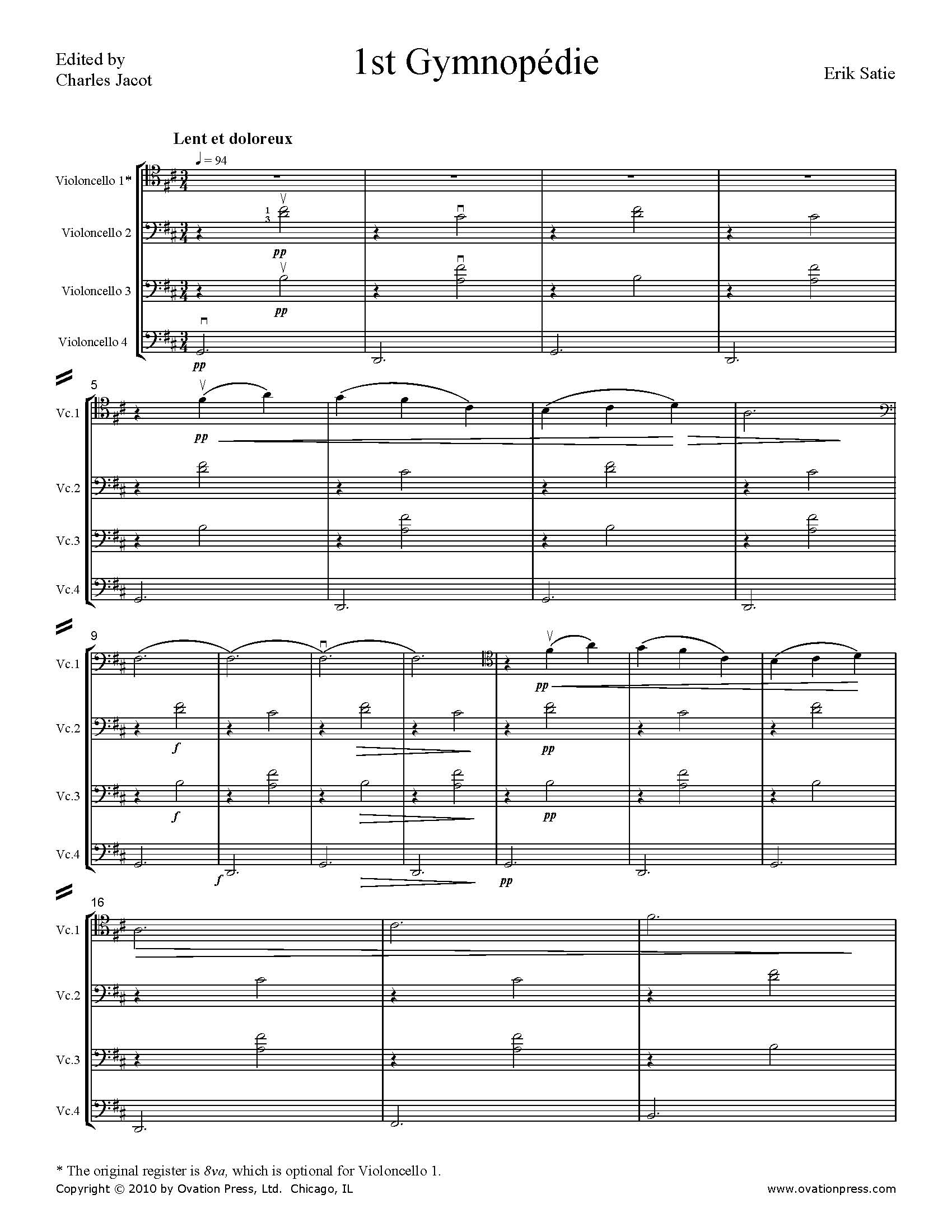 Satie 1st Gymnopédie Arranged for Cello Quartet