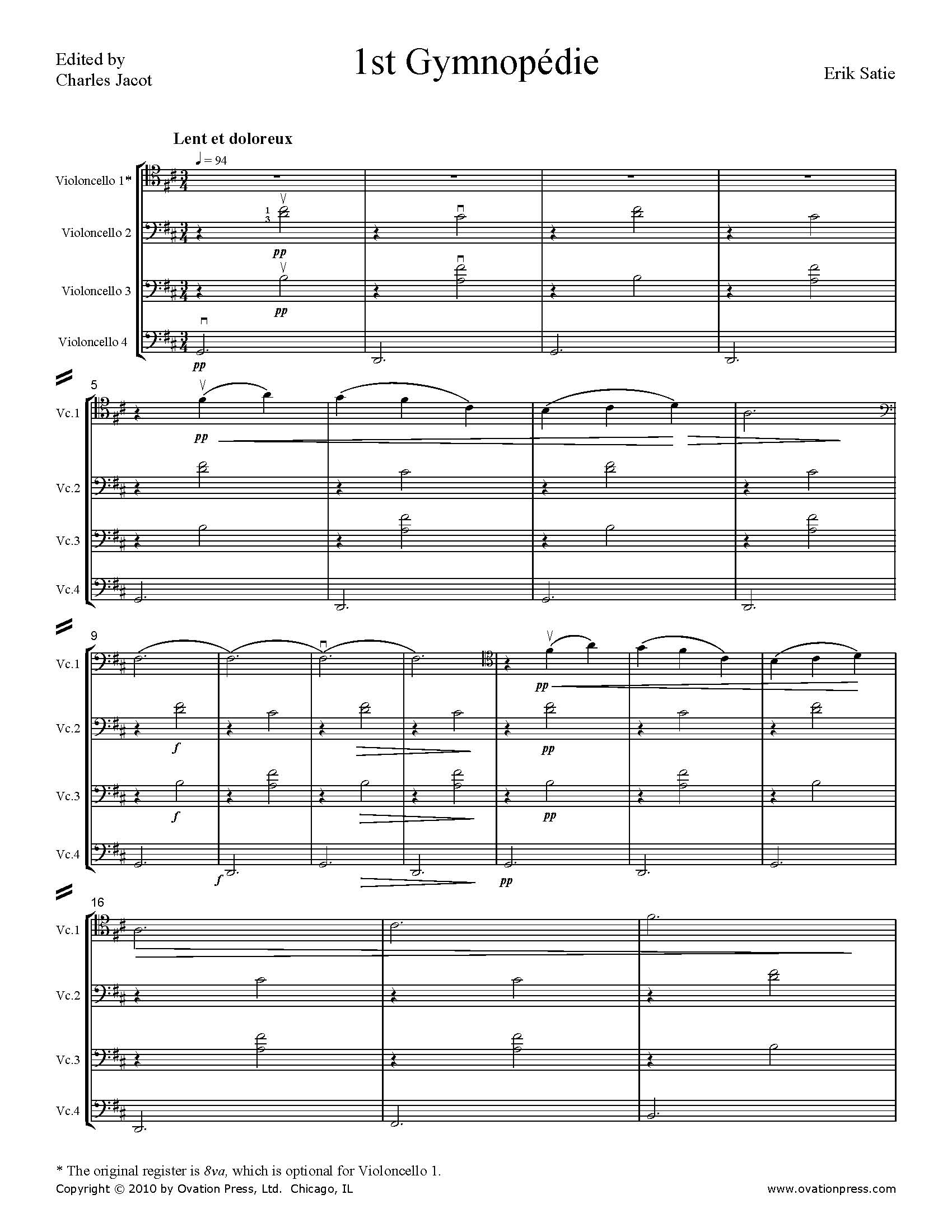 Satie 1st Gymnopédie Arranged for Cello Quartet