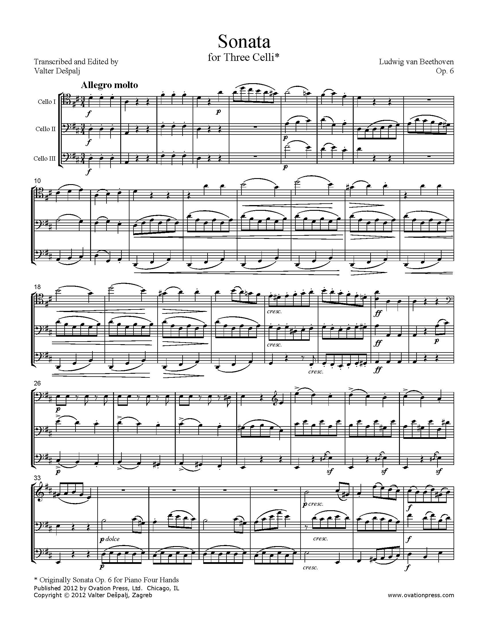 Beethoven Sonata Op. 6 Arranged for Cello Trio