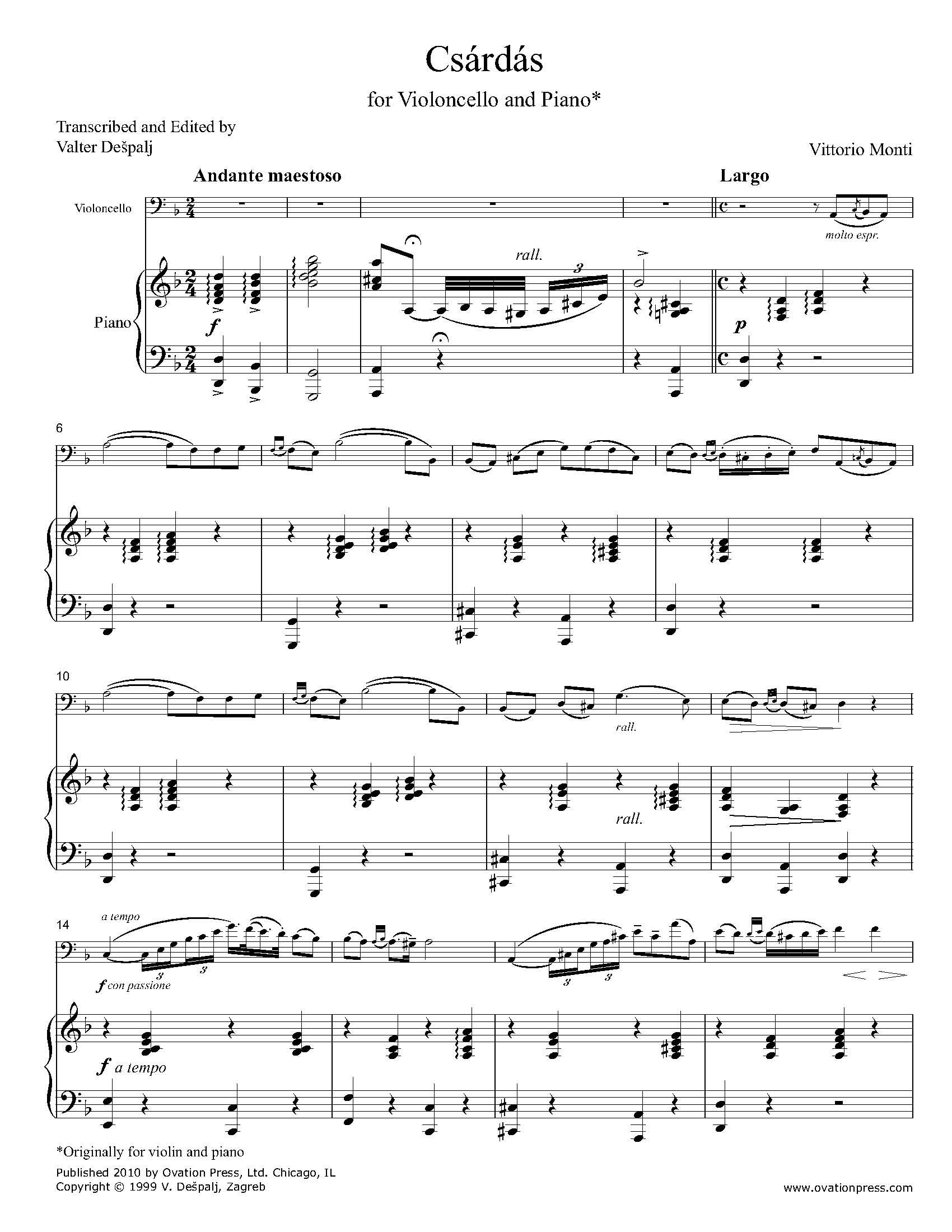 Monti Csárdás (Czardas) for Cello and Piano
