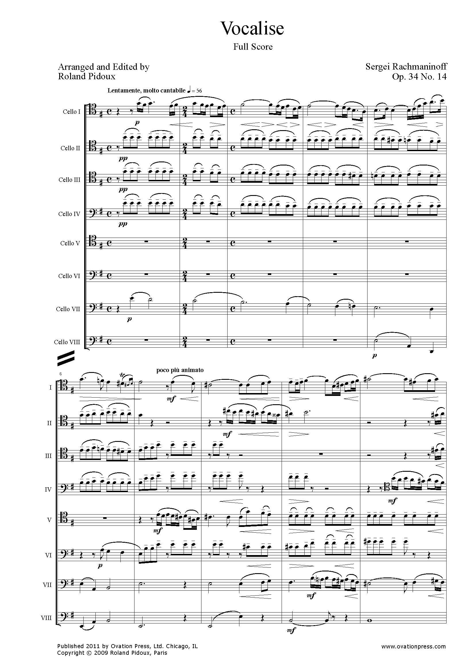 Rachmaninoff Vocalise Arranged for Cello Octet