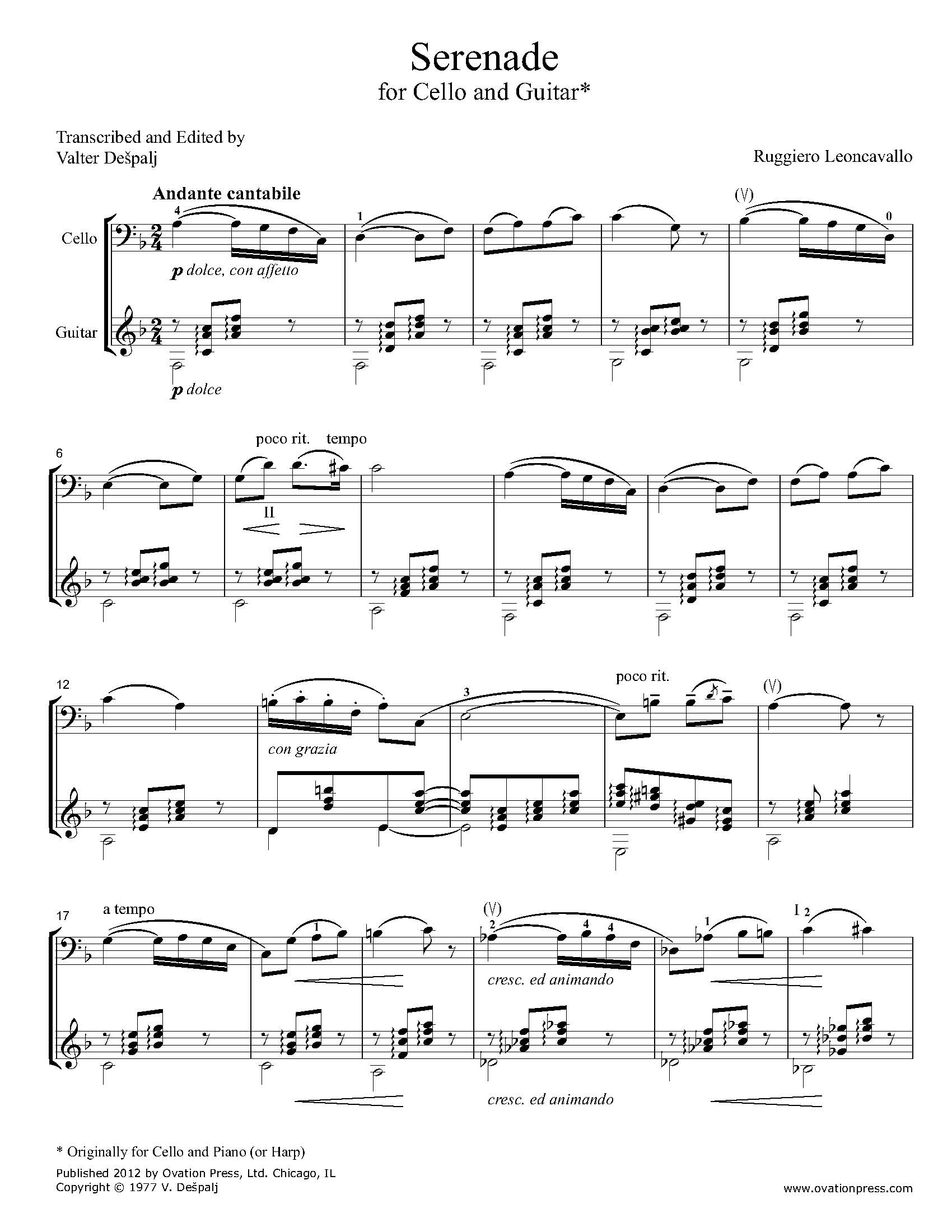 Leoncavallo Serenade (for Cello and Guitar)