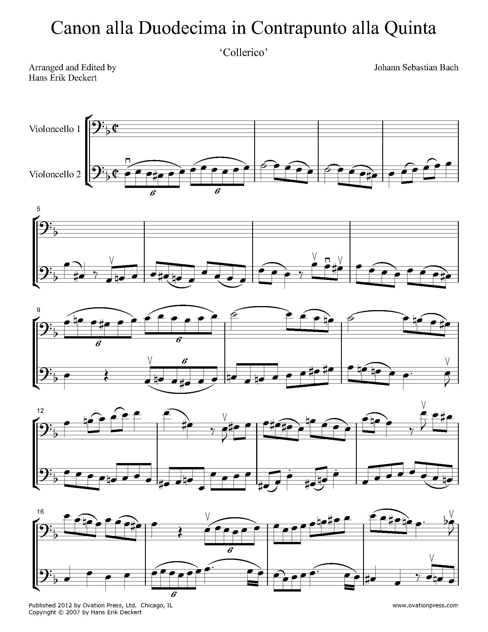 Bach Canon alla Duodecima in Contrapunto alla Quinta Arranged for Cello Duo