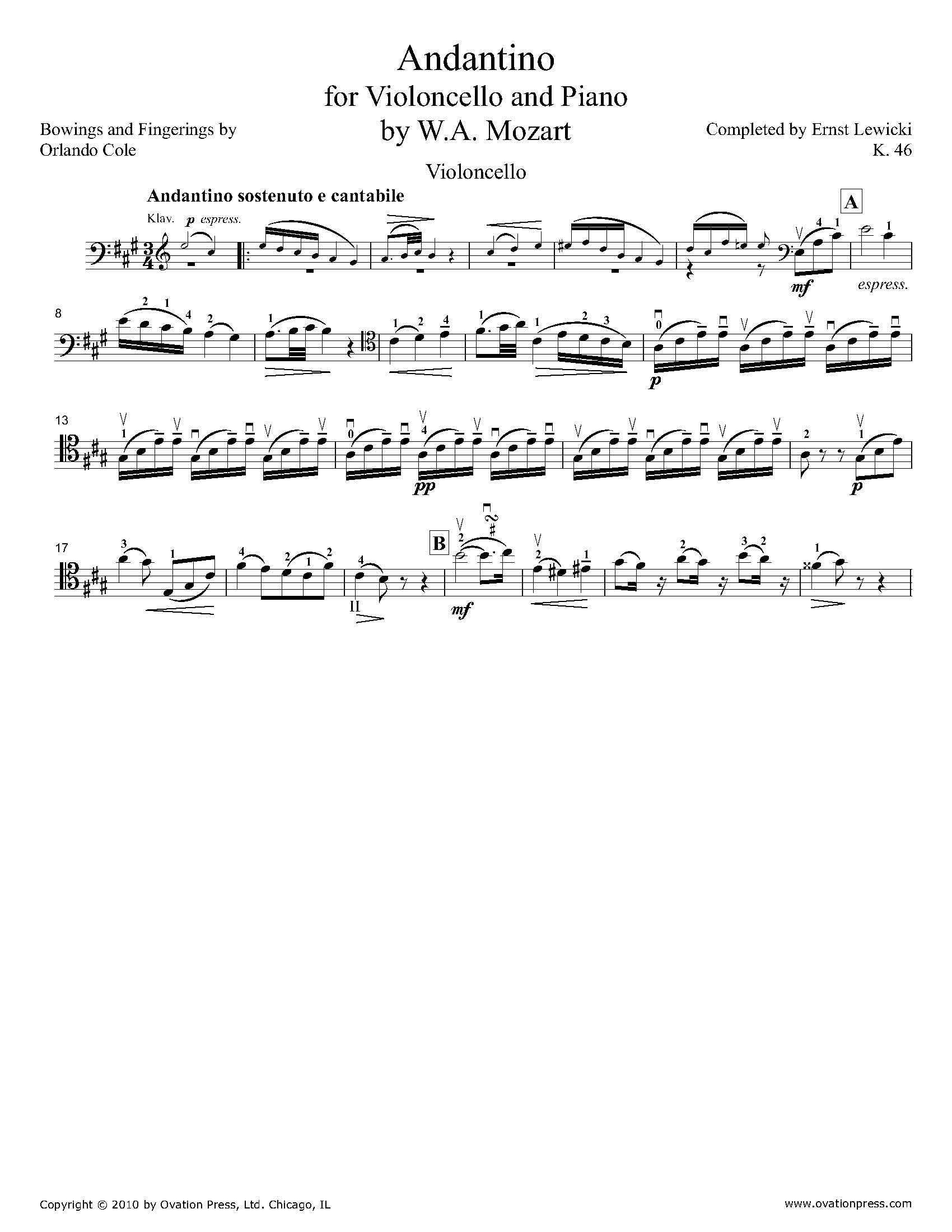 Mozart Andantino for Cello and Piano