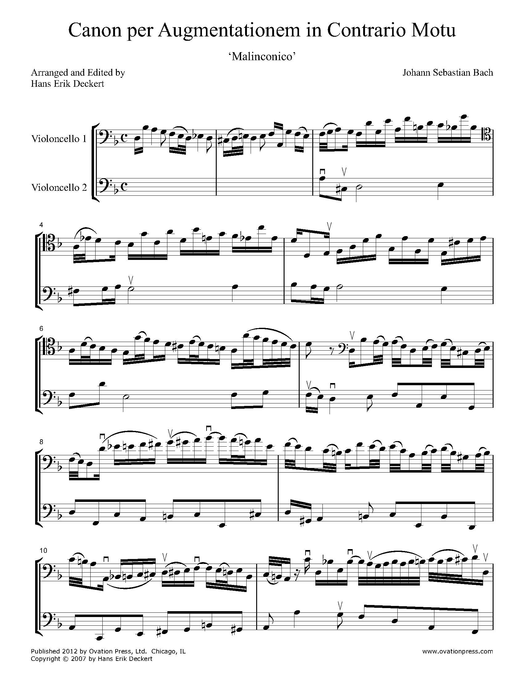 Bach Canon per Augmentationem in Contrario Motu Arranged for Cello Duo