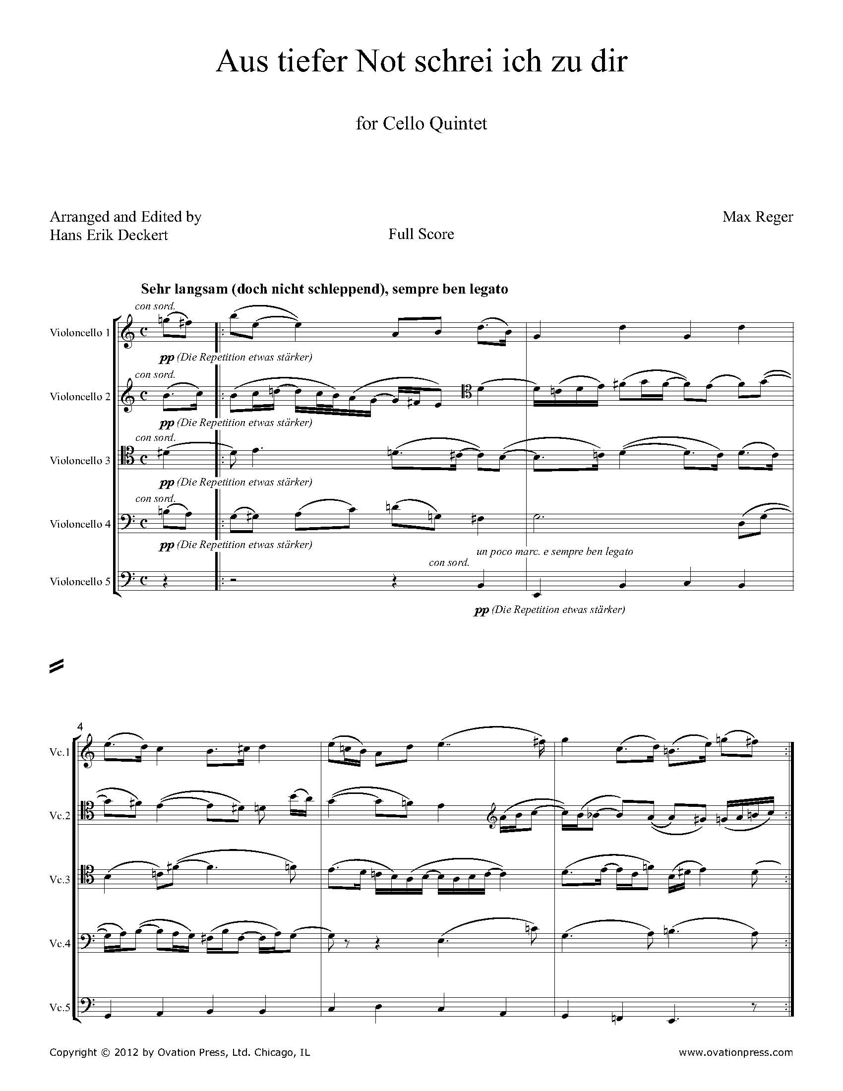 Reger Aus tiefer Not Arranged for Cello Quintet