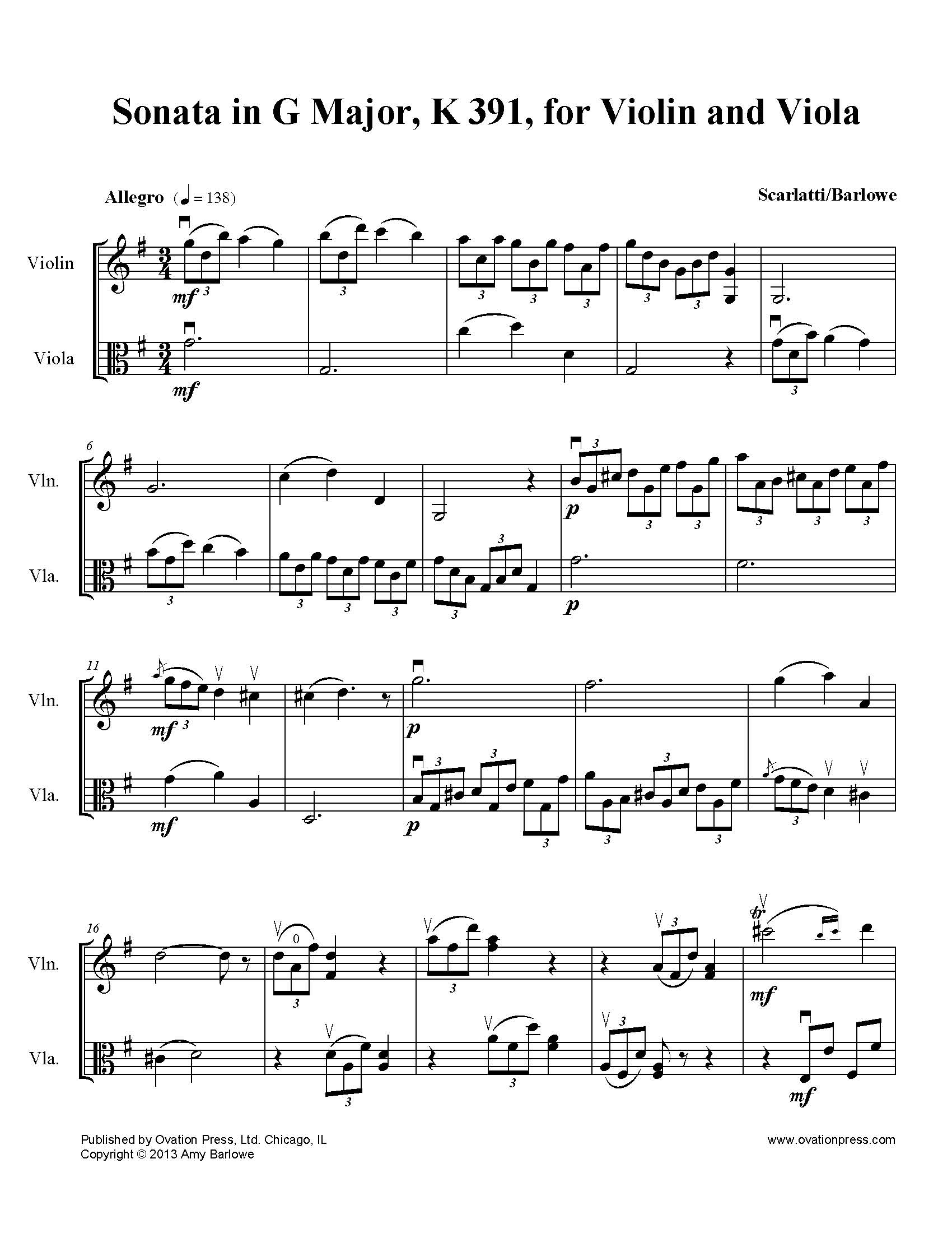 Scarlatti Sonata in G Major K. 391 for Violin and Viola