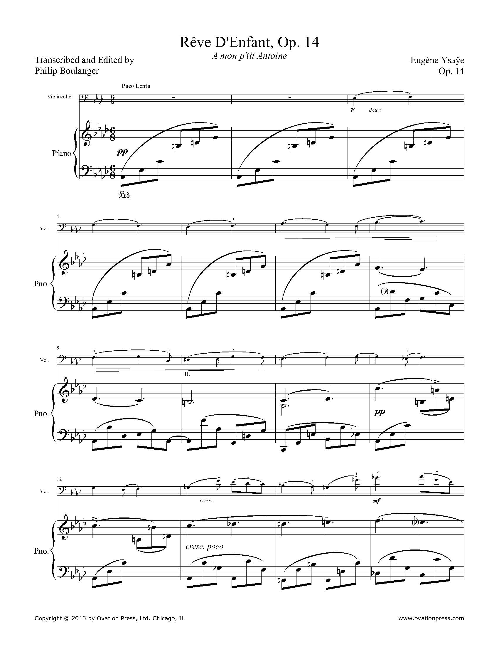 Ysaÿe Rêve D'Enfant Transcribed for Cello and Piano