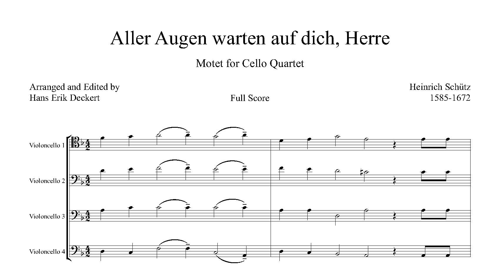 Schütz Aller Augen warten auf dich, Herre Arranged for Cello Quartet