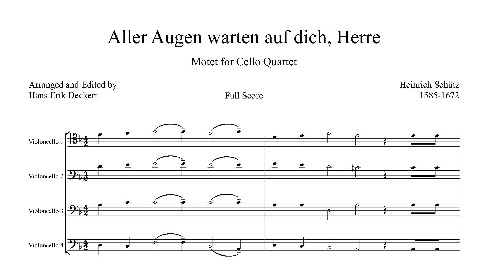 Schütz Aller Augen warten auf dich, Herre Arranged for Cello Quartet