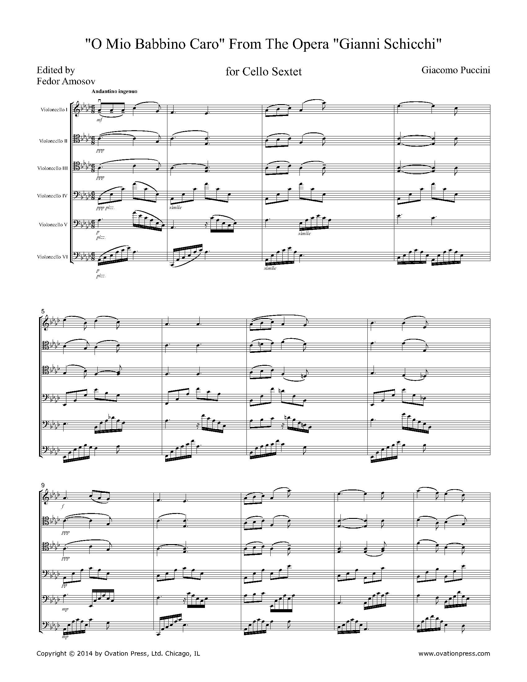 Puccini "O Mio Babbino Caro" from "Gianni Schicchi" Arranged for Cello Sextet
