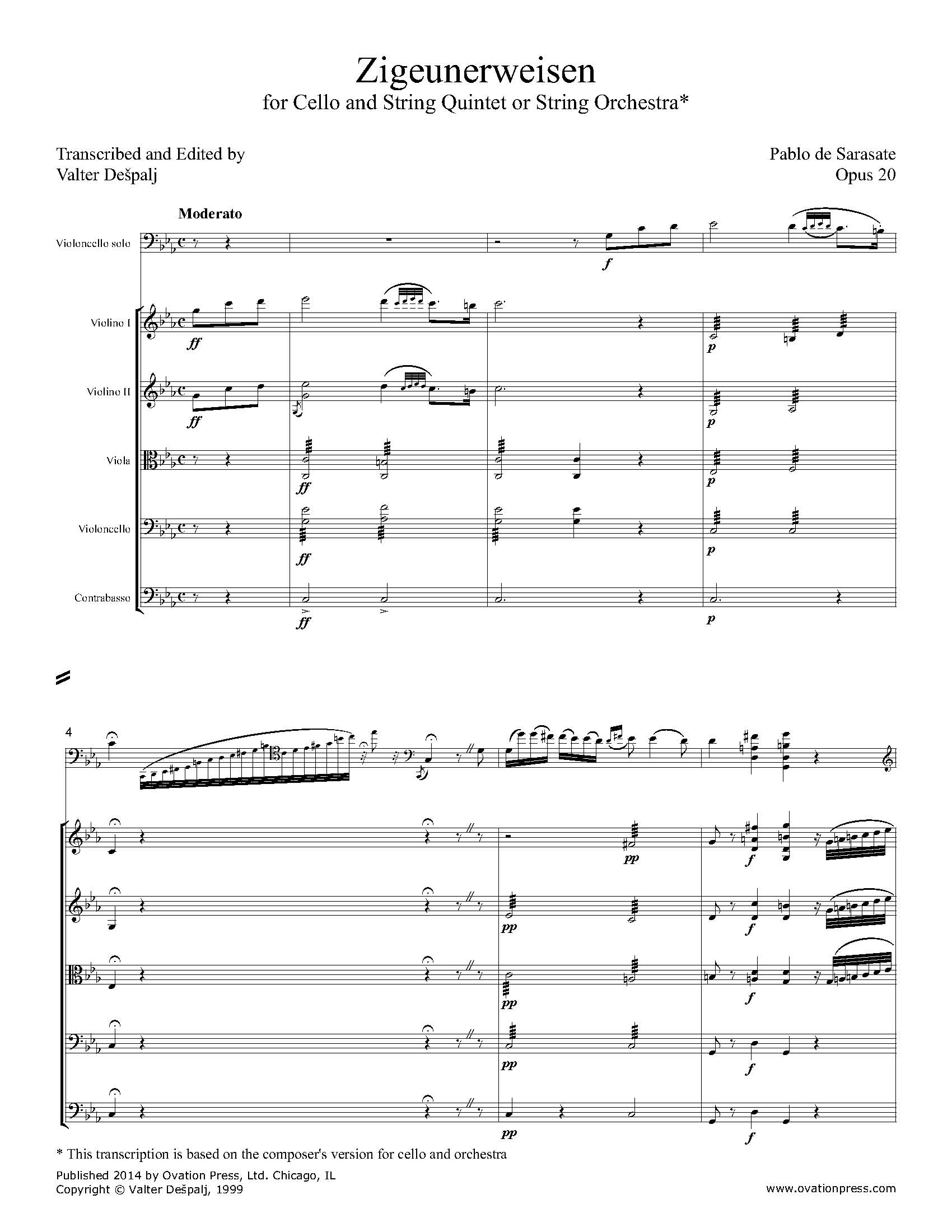 Zigeunerweisen Transcribed for Cello and String Quintet or String Orchestra