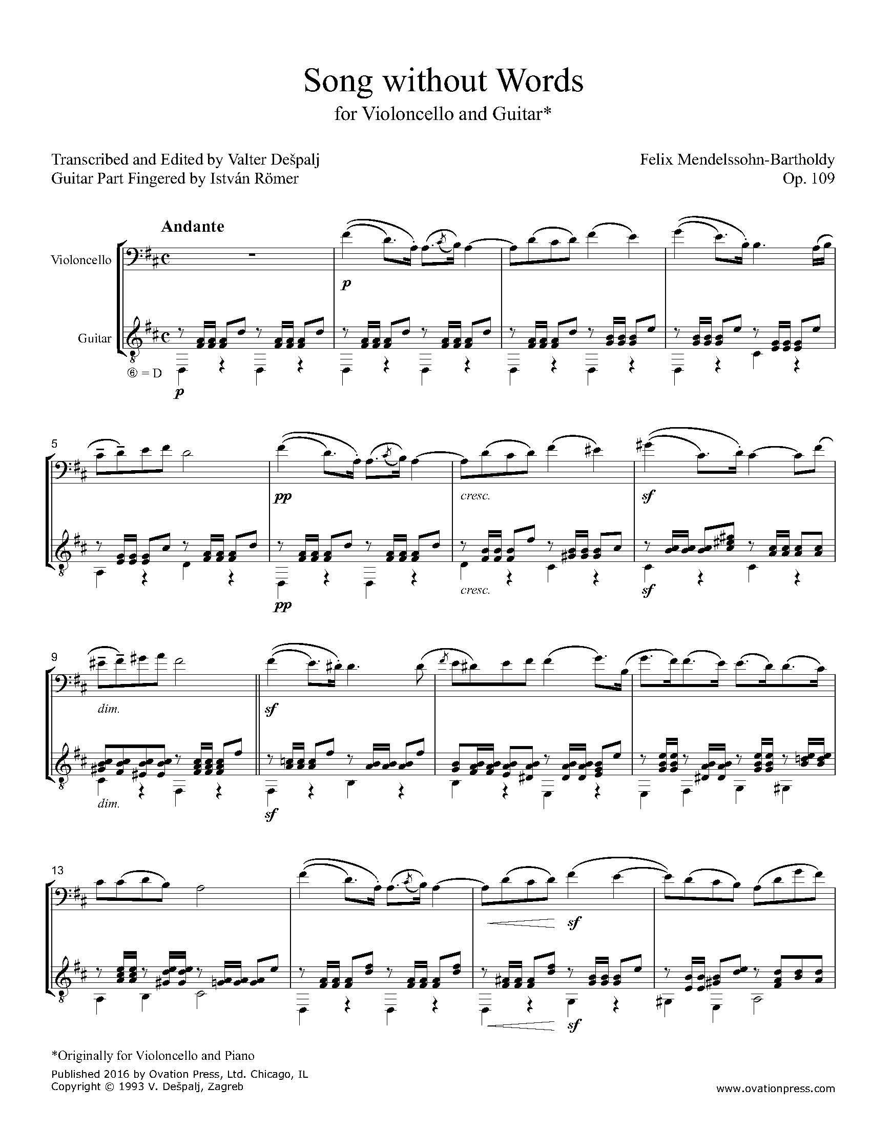 Mendelssohn Song Without Words For Cello And Guitar By Valter De palj
