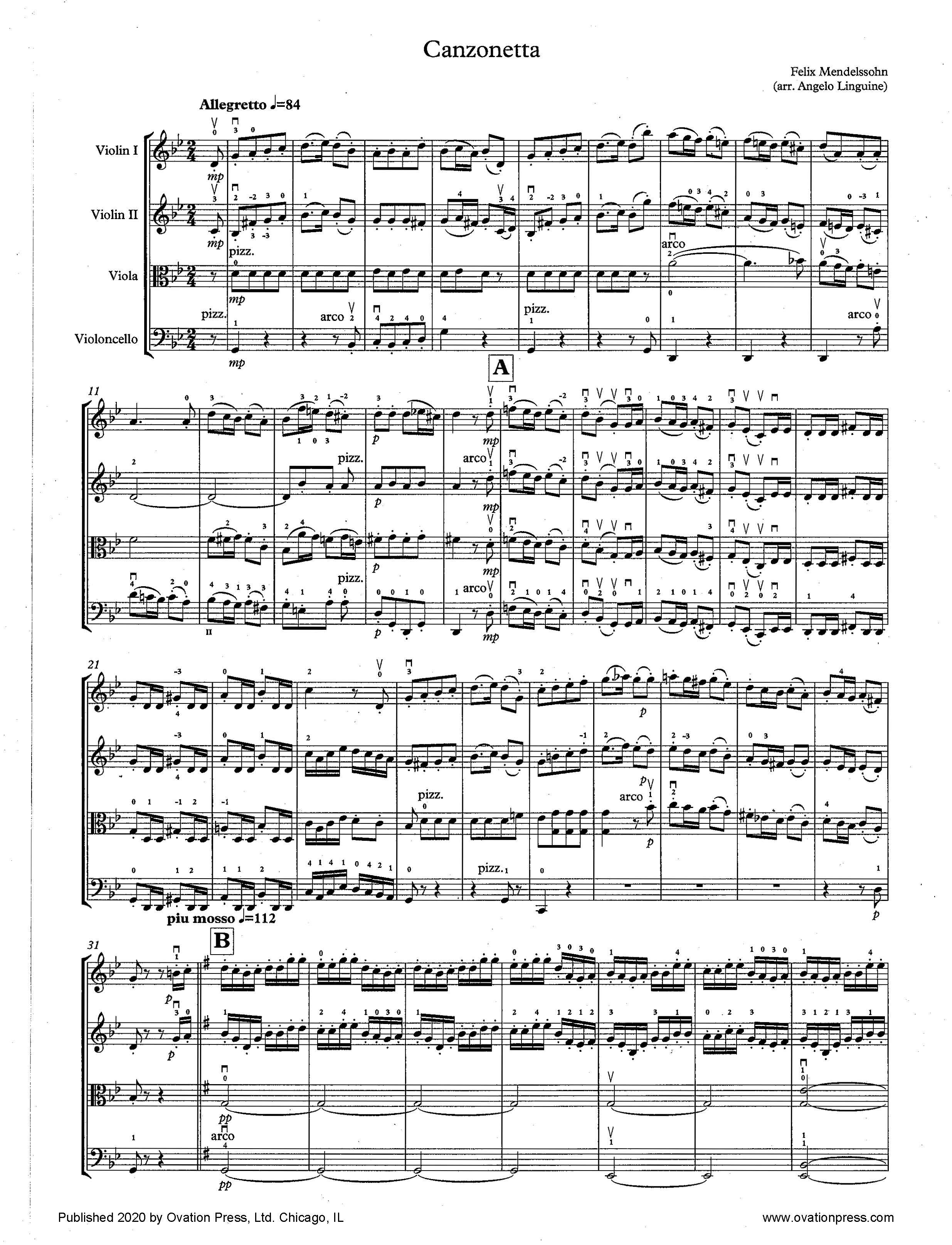 Mendelssohn Canzonetta (for Intermediate String Quartet)