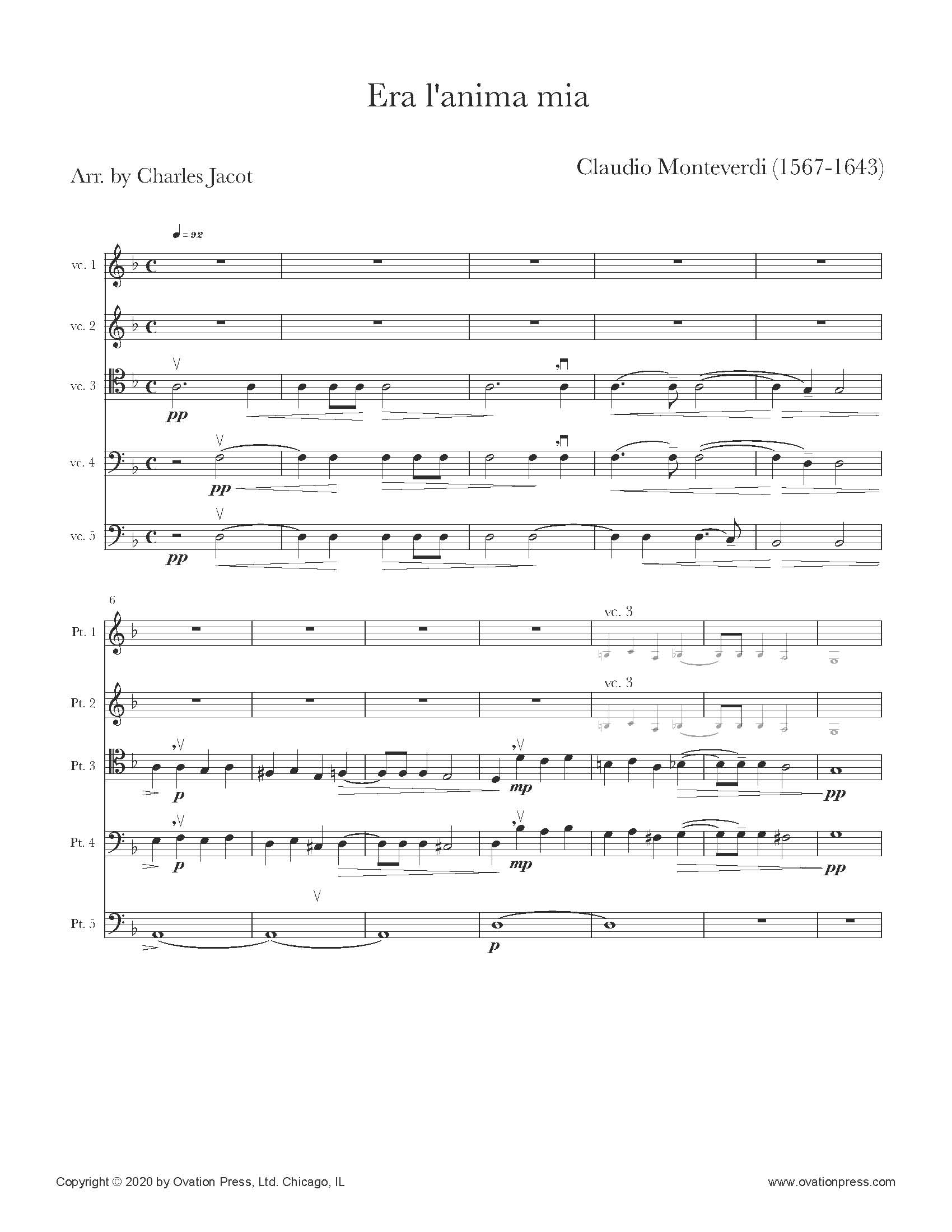 Monteverdi Era l'anima mia (for Cello Quintet)