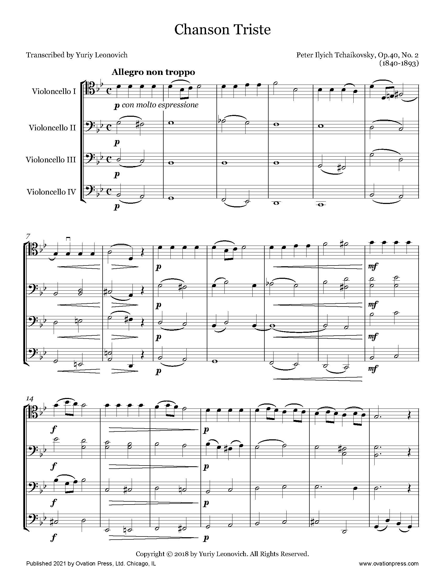 Tchaikovsky Chanson Triste for Cello Quartet
