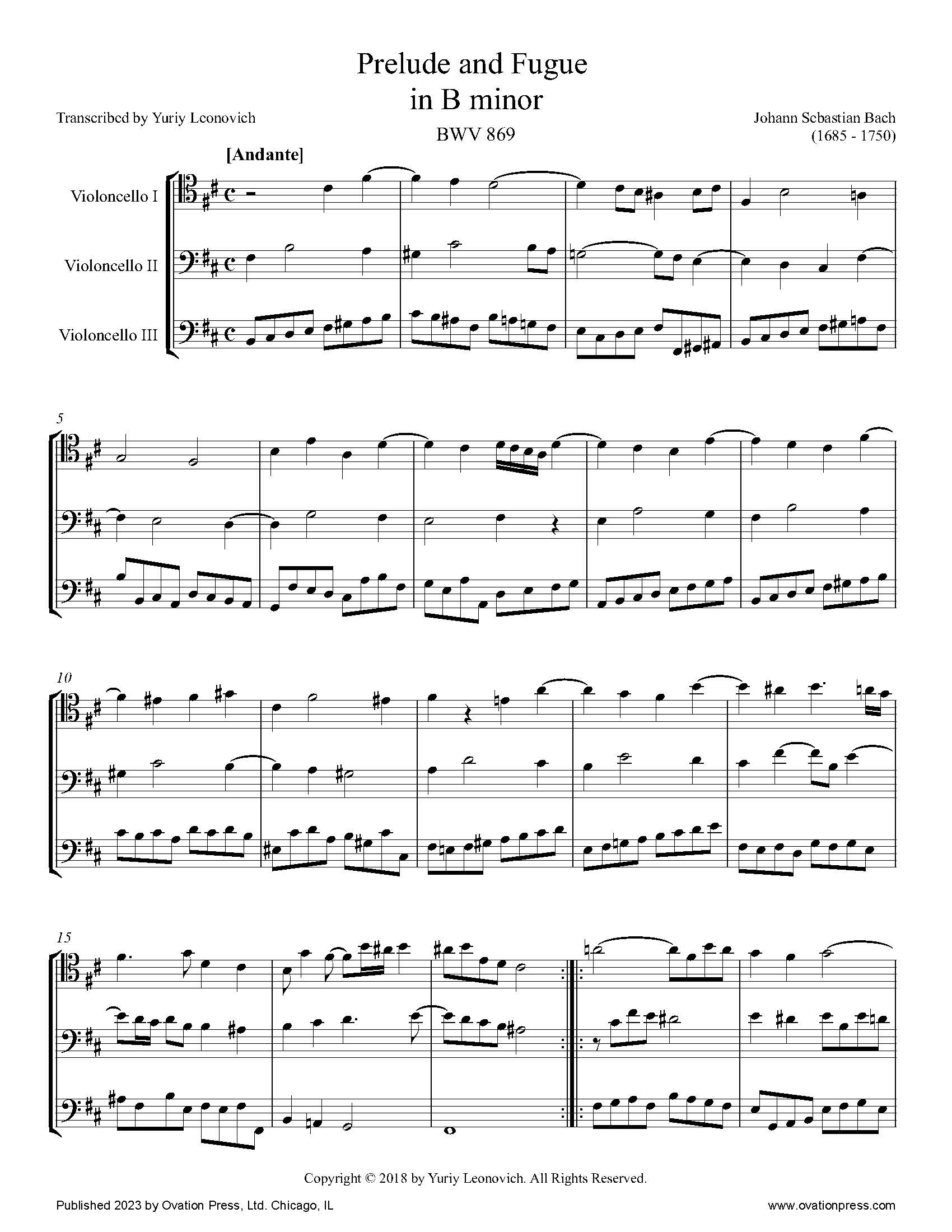 Bach Prelude and Fugue in B minor BWV 869 for Cello Trio and Quartet